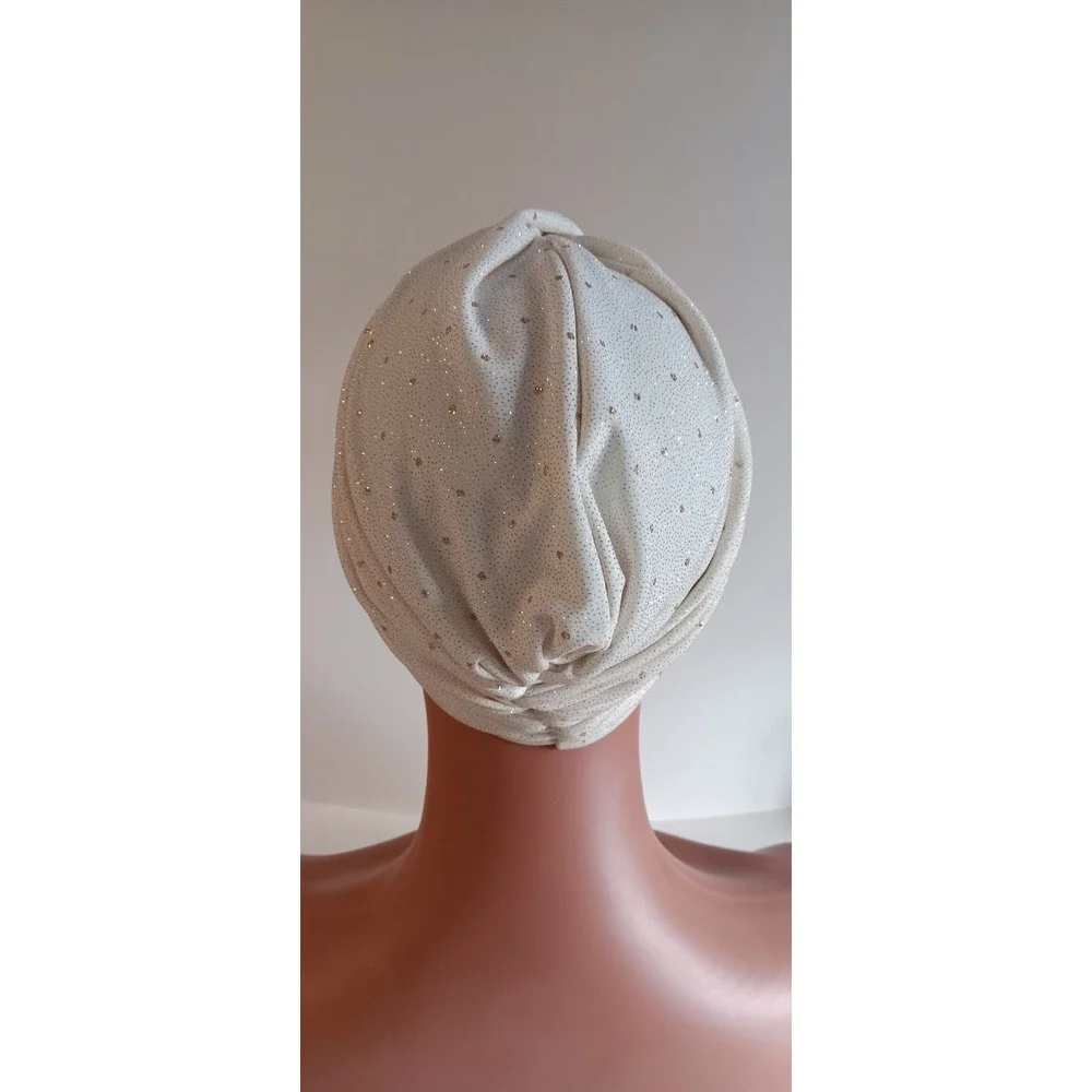 Ivory Glitter Shimmer Stretch Turban Headpiece Front Twist Hijab Cap Modest